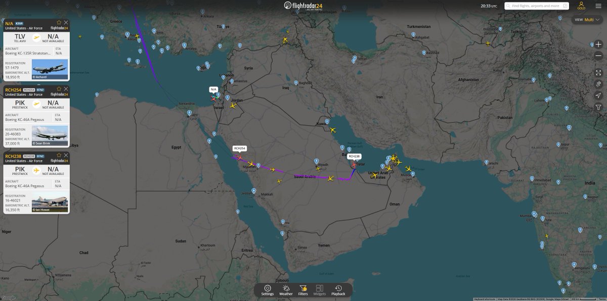 Flight tracker Sh1n updates Canadian OSINT's sighting with two more tankers, notes that KC-46A 16-46021 did not land at PSAB, and a KC-135R departs Tel Aviv.
