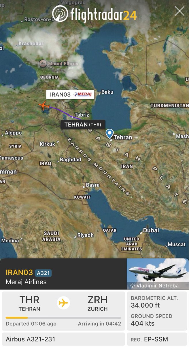 Iran's Foreign Minister is traveling to Zurich, Switzerland, aboard aircraft EP-SSM with callsign Iran03.