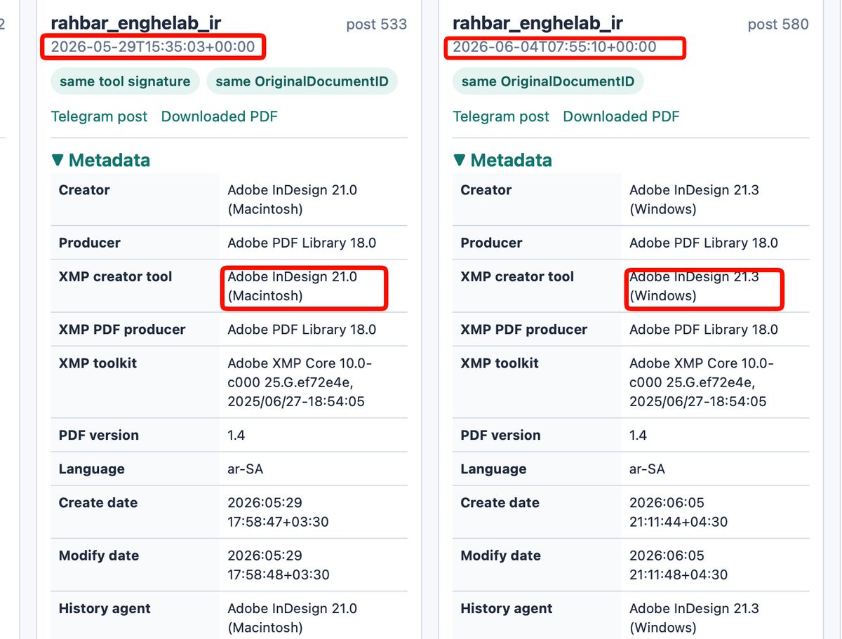 In early June 2026, Mojtaba Khamenei's office switched their design computer from Mac to Windows, yet PDF metadata reveals they shared the same Adobe InDesign version signature as Mohammad Bagher Ghalibaf's office.