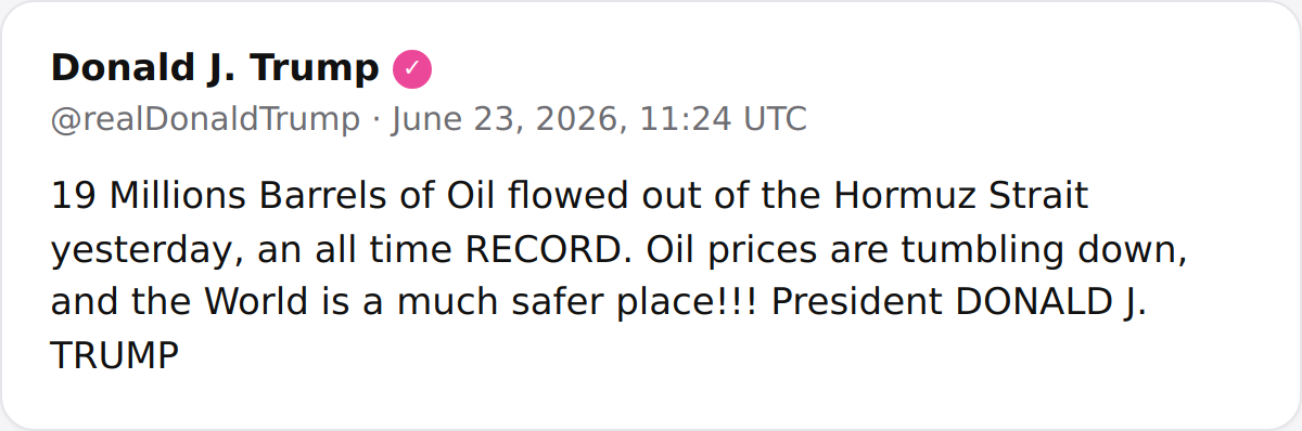 President Trump announces a new all-time record of 19 million barrels of oil passing through the Strait of Hormuz, triggering lower oil prices and declaring the world safer.