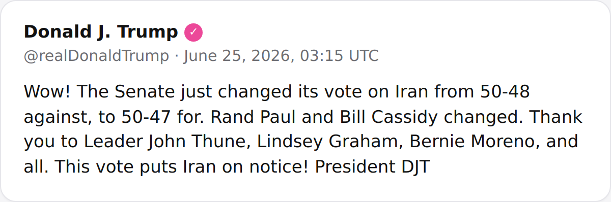 President Trump announces the Senate reversed its Iran vote from 50–48 against to 50–47 in favor, crediting Rand Paul, Bill Cassidy, and GOP leadership.
