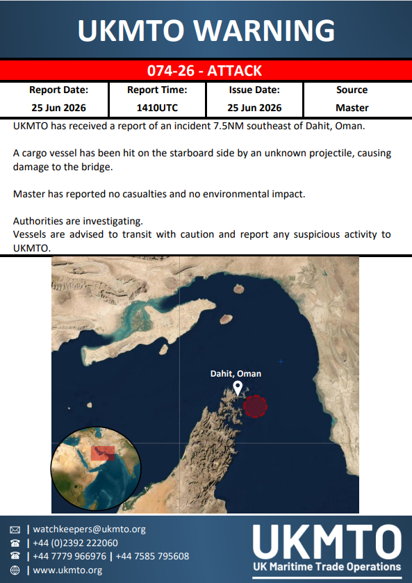 The United Kingdom Maritime Trade Operations (UKMTO) has issued Warning 074-26 regarding a maritime attack.