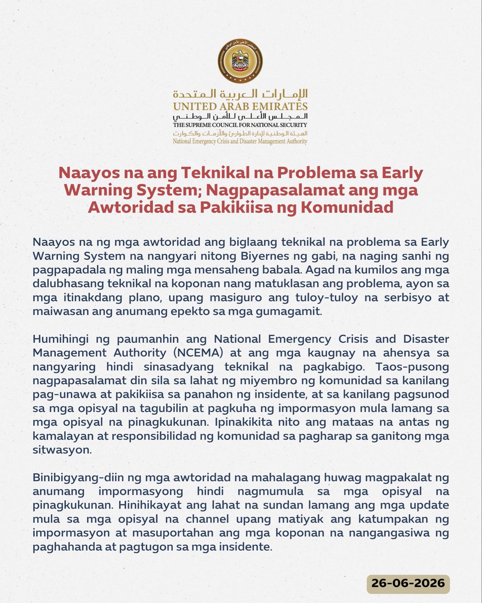 Naayos na ang Teknikal na Problema sa Early Warning System; Nagpapasalamat ang mga Awtoridad sa Pakikiisa ng Komunidad