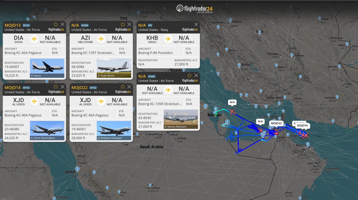 Several U.S. Air Force tankers and a P-8 Poseidon were observed airborne over the region.