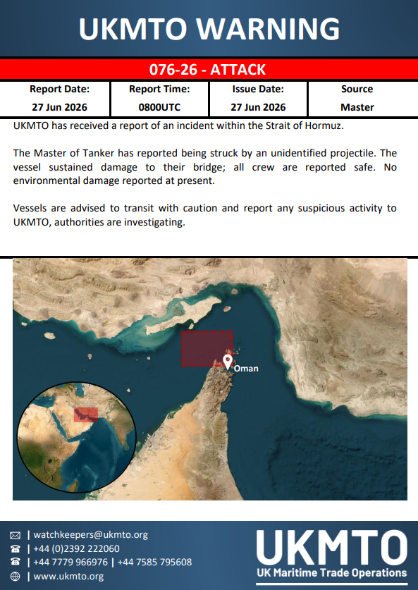 The United Kingdom Maritime Trade Operations (UKMTO) has released Warning 076-26 regarding maritime security.