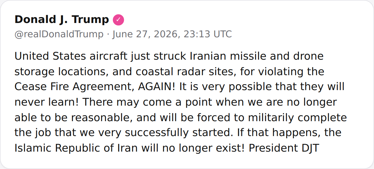 President Trump announced that U.S. aircraft struck Iranian missile and drone storage facilities and coastal radar sites in response to repeated ceasefire violations.
