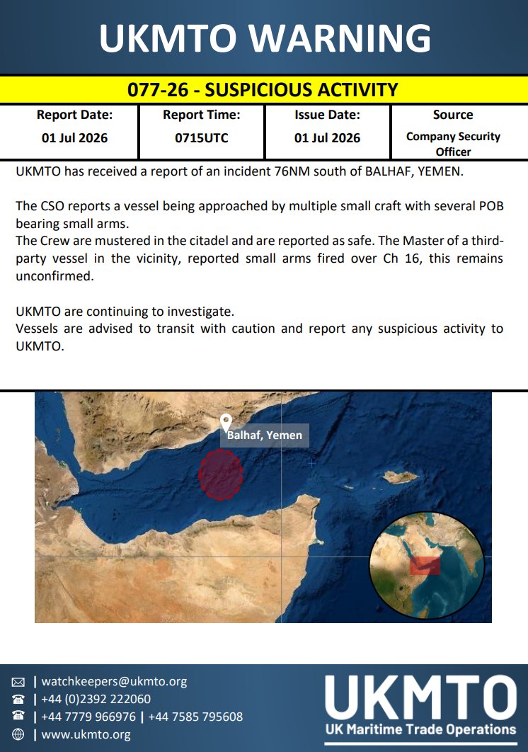 UKMTO issues warning 077-26 on July 1, 2026.
