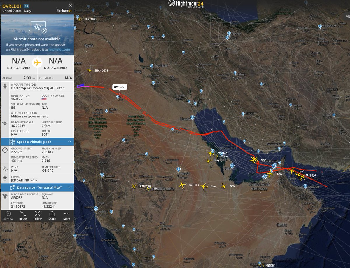 A U.S. Navy MQ-4C Triton unmanned aircraft has completed a surveillance mission over the Persian Gulf and Gulf of Oman and is returning to base.