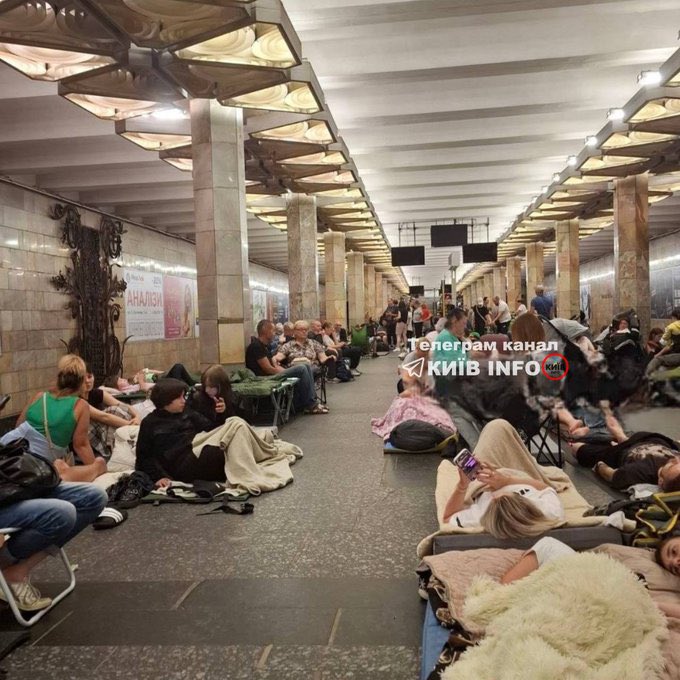 Ukrainian underground metro stations in Kyiv are packed tonight as residents take shelter from a major Russian air attack.