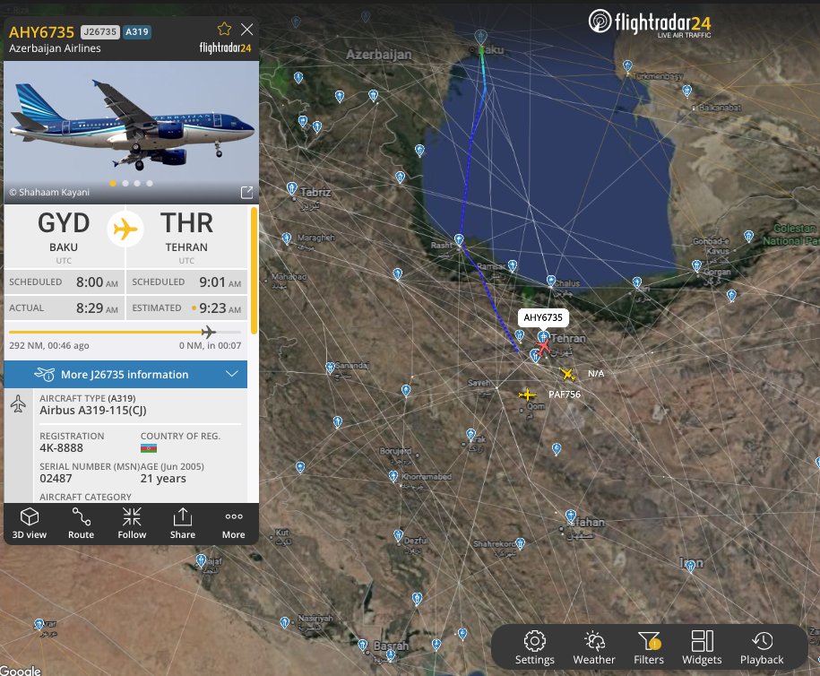 Aircraft from Pakistan and Azerbaijan carrying official delegations are about to land at Mehrabad International Airport (THR) in Tehran.