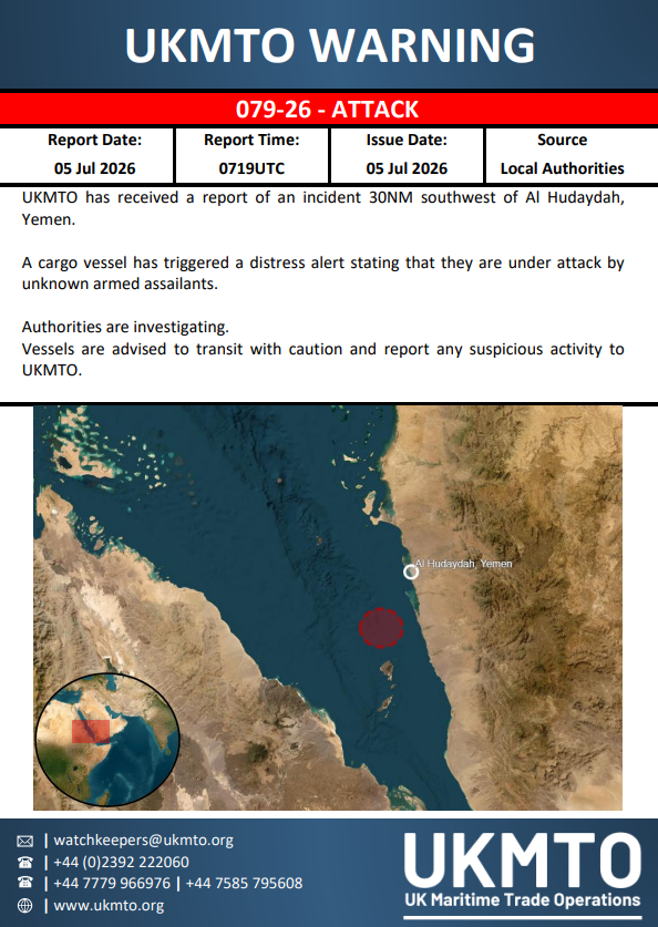 The United Kingdom Maritime Trade Operations has issued Warning 079-26 reporting an attack in the maritime domain.