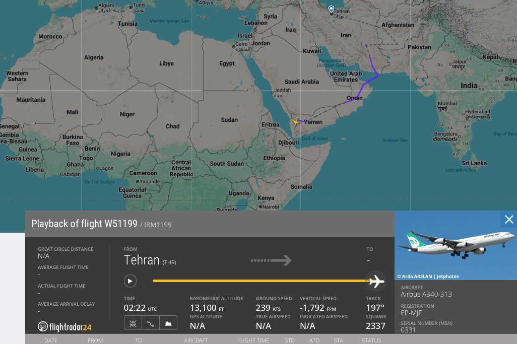 In the afternoon of July 3rd 2026, Saudi delegation showed up in Tehran, Houthis as well.

Earlier that day, Houthi/Yemeni-side channels claimed Saudi aerial pressure around Sanaa airport to prevent departures.

Yemen/Houthi channels still sell Saudi obstruction stroy, despite making it to the funeral through a Mahan Air flight from Tehran.

On earlier hours of July 3rd (0222Z), IRGC-affiliated Mahan Air's A340 (EP-MJF | 733546 | With the C/S W51199) landed safely in Houthi-controlled Sana'a international airport.

At ~ 0330Z, Yemeni channels started posting videos of jet and AA activity over Sana'a.
Several jets (Claimed to be #RSAF 🇸🇦's) were spotted, did nothing and returned to base without preventing the Houthis to attend Khamenei's funeral, while the Saudi delegation were doing the same in Tehran.

@ ~ 0530Z, Houthi delegation left Sanaa's airport with the Mahan Air's A340 (New C/S IRM1198 / W51198) and made it to Tehran without any issues.

Hours later, Yemenis and Saudis alongside with other delegations showed up, paid their respect to the former dictator of Iran, Ali Khamenei.

Was all those RSAF 'jet activity' over Sana'a a show? You be the judge.