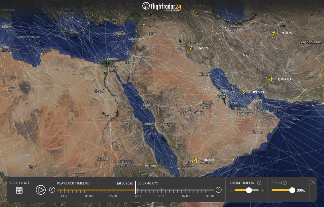 In the afternoon of July 3rd 2026, Saudi delegation showed up in Tehran, Houthis as well.

Earlier that day, Houthi/Yemeni-side channels claimed Saudi aerial pressure around Sanaa airport to prevent departures.

Yemen/Houthi channels still sell Saudi obstruction stroy, despite making it to the funeral through a Mahan Air flight from Tehran.

On earlier hours of July 3rd (0222Z), IRGC-affiliated Mahan Air's A340 (EP-MJF | 733546 | With the C/S W51199) landed safely in Houthi-controlled Sana'a international airport.

At ~ 0330Z, Yemeni channels started posting videos of jet and AA activity over Sana'a.
Several jets (Claimed to be #RSAF 🇸🇦's) were spotted, did nothing and returned to base without preventing the Houthis to attend Khamenei's funeral, while the Saudi delegation were doing the same in Tehran.

@ ~ 0530Z, Houthi delegation left Sanaa's airport with the Mahan Air's A340 (New C/S IRM1198 / W51198) and made it to Tehran without any issues.

Hours later, Yemenis and Saudis alongside with other delegations showed up, paid their respect to the former dictator of Iran, Ali Khamenei.

Was all those RSAF 'jet activity' over Sana'a a show? You be the judge.