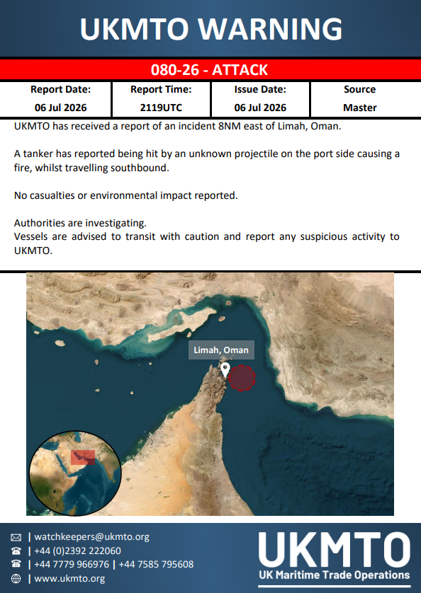 The United Kingdom Maritime Trade Operations (UKMTO) has issued Warning 080-26 regarding an attack.