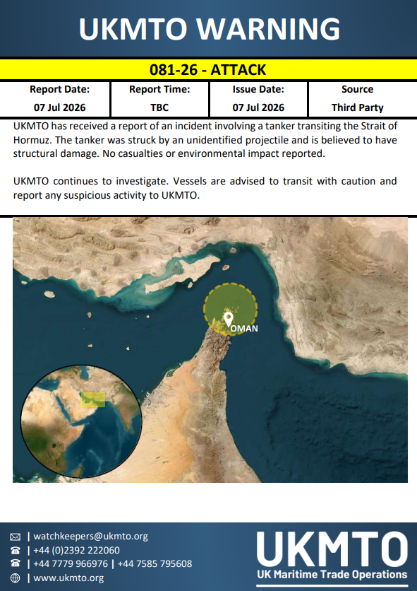 UKMTO has issued WARNING 081-26 on July 7, 2026. Full details are available via the linked PDF.
