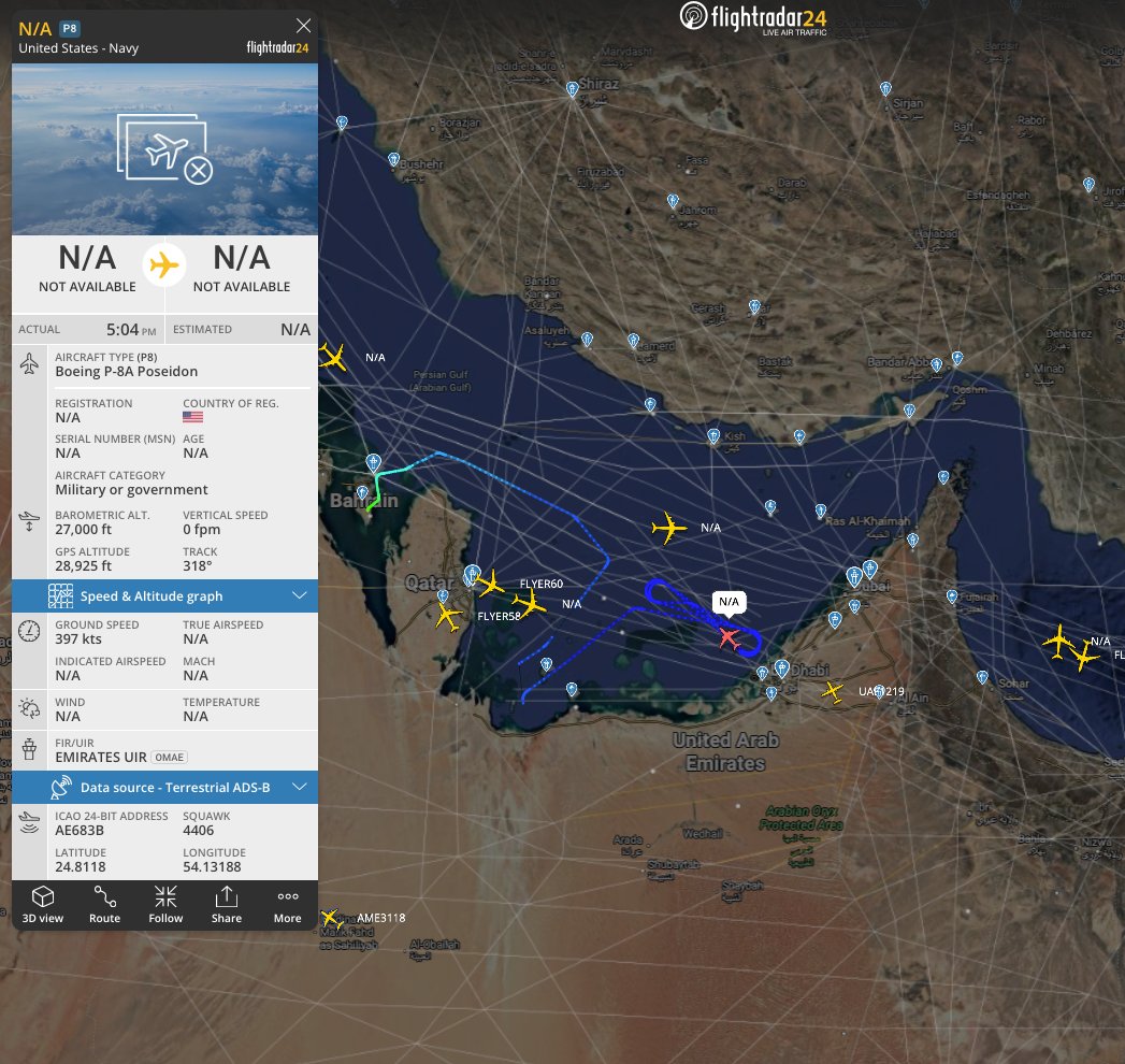 A U.S. Navy P-8A maritime patrol aircraft with ICAO hex AE683B was observed conducting ISR, anti-surface, and anti-submarine warfare operations near Emirati waters.
