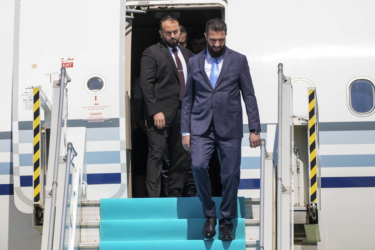 Syrian President Ahmad al-Sharaa arrives at Esenboga Airport for an official visit in Ankara, Türkiye