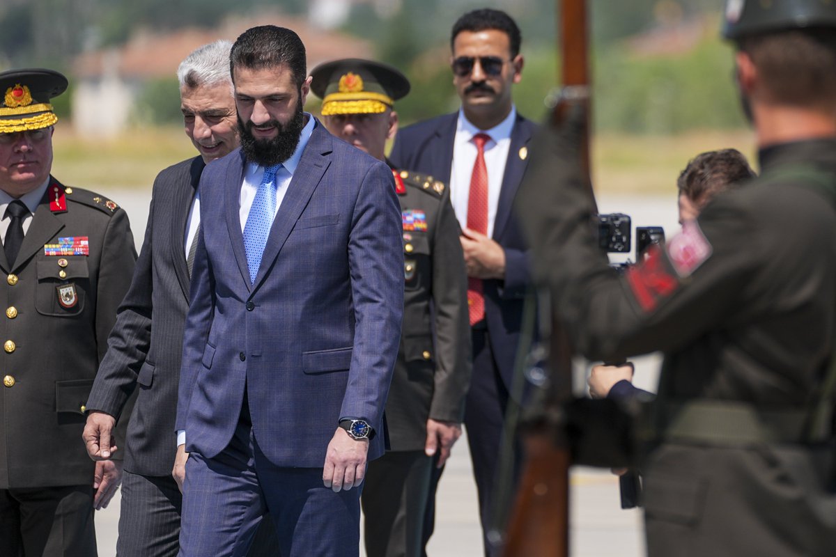 Syrian President Ahmad al-Sharaa arrives at Esenboga Airport for an official visit in Ankara, Türkiye