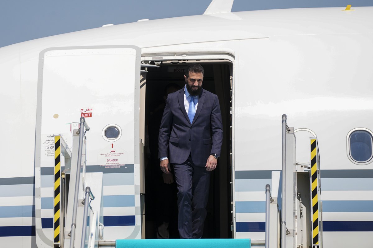 Syrian President Ahmad al-Sharaa arrives at Esenboga Airport for an official visit in Ankara, Türkiye