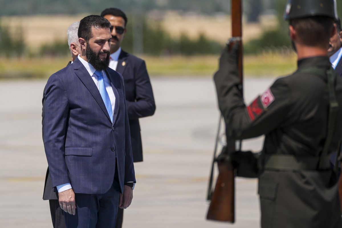 Syrian President Ahmad al-Sharaa arrives at Esenboga Airport for an official visit in Ankara, Türkiye