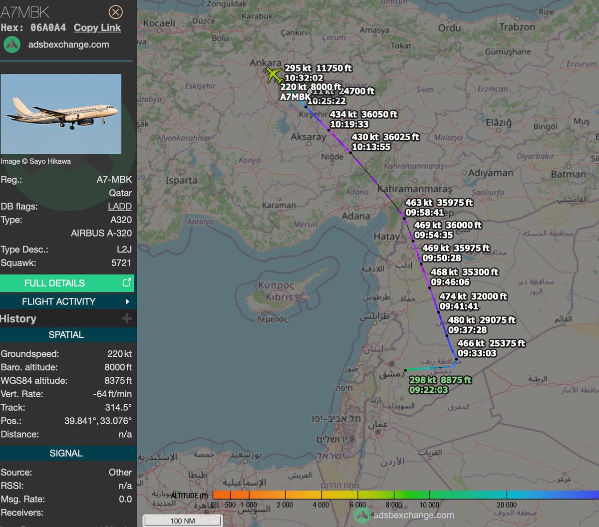 OSINT tracking shows Syrian President Ahmad al-Sharaa arrived at Esenboga Airport, Ankara, aboard Qatar Amiri Flight Boeing 747-8 A7-MBK (hex 06A0A4).