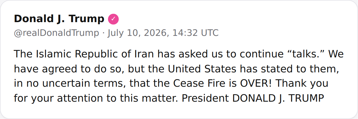 President Donald J. Trump announced that Iran has asked to continue talks and the US agreed, but the ceasefire is now over.