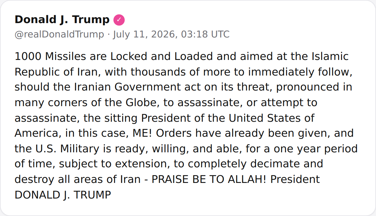 A satirical social media post quotes President Trump as saying 1000 missiles are locked and loaded on Iran, with a bizarre religious exclamation.