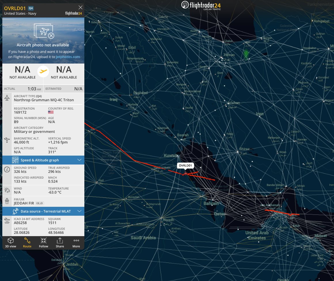 A U.S. Air Force MQ-4C Triton drone is currently flying an electronic and communications intelligence mission over Saudi Arabia.