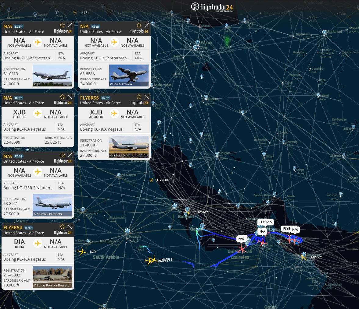 Six U.S. Air Force tankers observed tracking over the region.