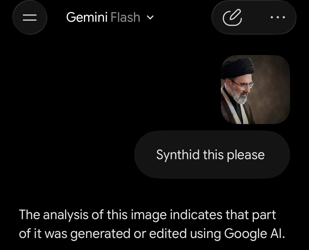 A social media user claims that a newly released photo of Iran's Supreme Leader Ayatollah Seyyed Mojtaba Khamenei contains Google's SynthID watermark, indicating it was created or altered by Google's Gemini AI.