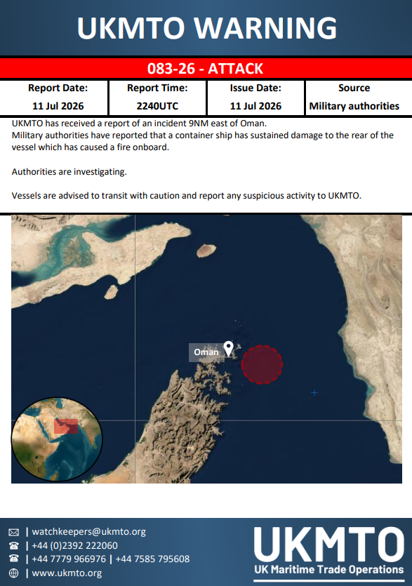 UKMTO issued Warning 083-26 on July 11, 2026. The full advisory PDF is available online.
