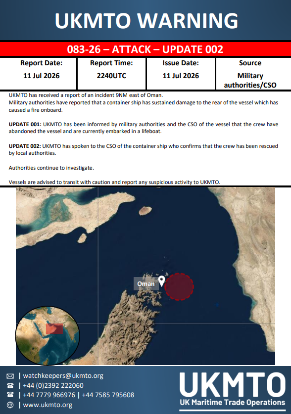 UK Maritime Trade Operations releases an update to warning 083-26 regarding maritime security.
