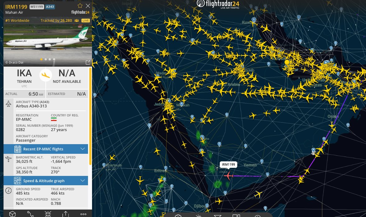 Sanaa airport in Yemen was struck by an airstrike, with smoke rising from the area, and an IRGC-affiliated Mahan Air A340 diverted to Al Hudaydah airport.