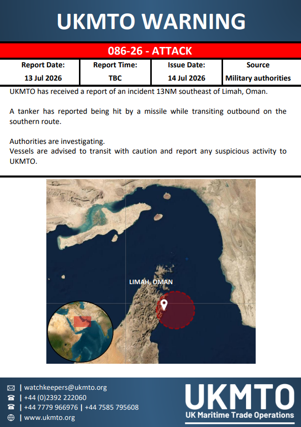 أصدرت عمليات التجارة البحرية البريطانية (UKMTO) التحذير 086-26 بخصوص هجوم، مع رابط PDF للتنبيه الكامل.