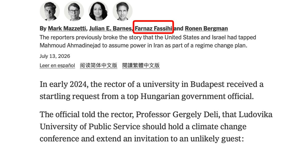 Un tuit satírico reacciona a la aparición del expresidente iraní Ahmadinejad en un memorial, burlándose de un informe del New York Times que alegaba que trabajaba para Israel.