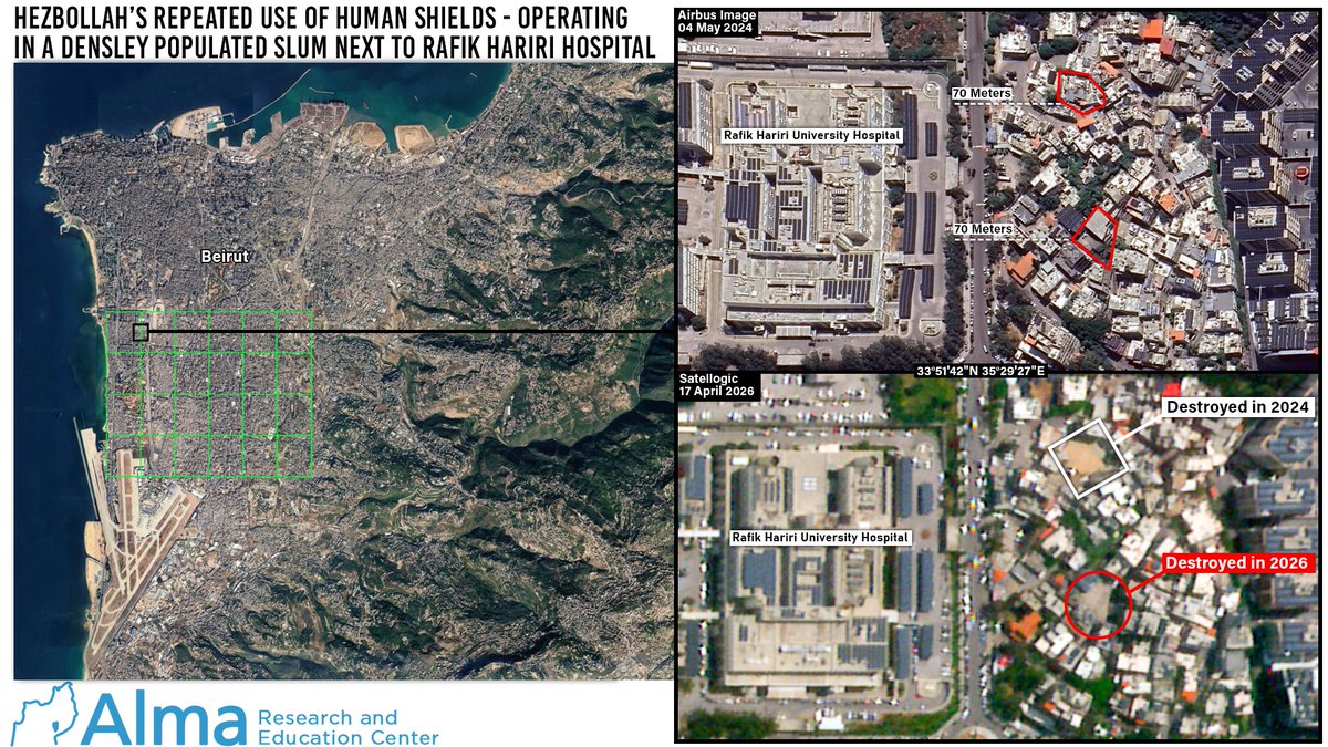 60 structures. 59 of them are embedded within the civilian environment.
A geospatial analysis based on satellite imagery comparison and open-source intelligence illustrates how Hezbollah continues to embed military infrastructure within and adjacent to civilian buildings as part of its systematic use of the human shield tactic.