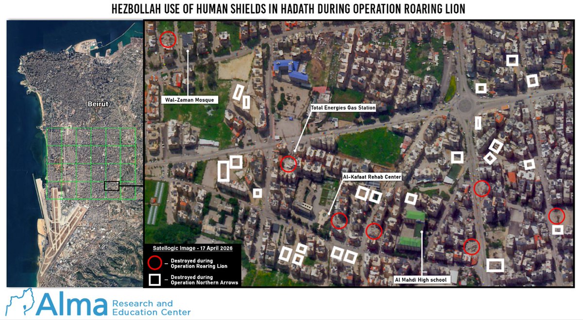 60 structures. 59 of them are embedded within the civilian environment.
A geospatial analysis based on satellite imagery comparison and open-source intelligence illustrates how Hezbollah continues to embed military infrastructure within and adjacent to civilian buildings as part of its systematic use of the human shield tactic.