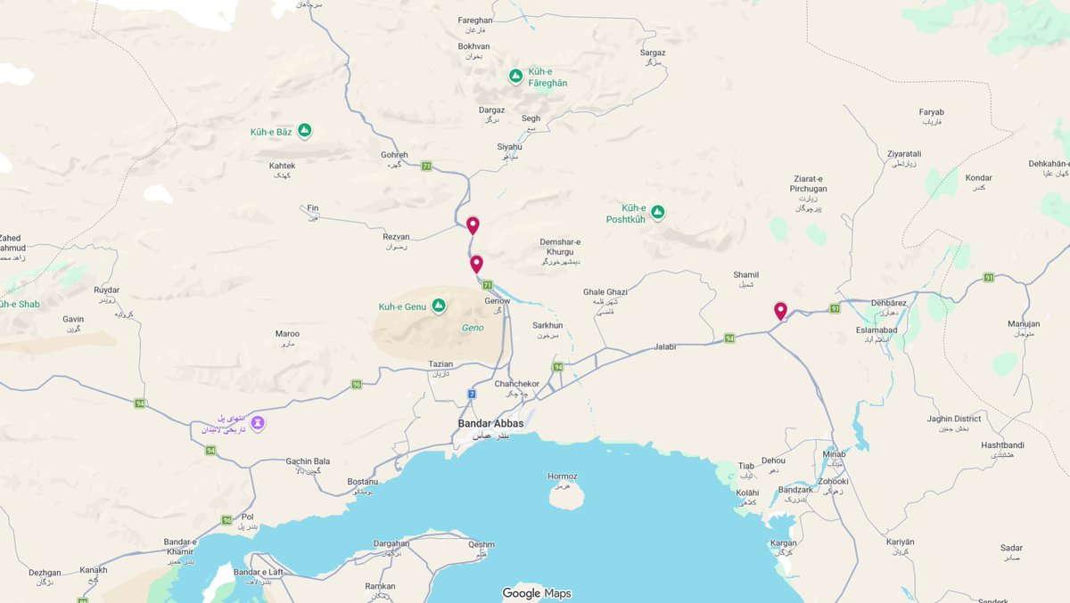 محل دو پل و یک تونل در محورهای شرقی و شمالی بندرعباس که بنابر گزارش‌ها تا این لحظه در حملات امشب هدف قرار گرفته‌اند.

پل رودان: 27.411386, 56.946944
 پل رودخانه شور: 27.506887, 56.258078
 تونل شهید میرزایی: 27.582957, 56.249885