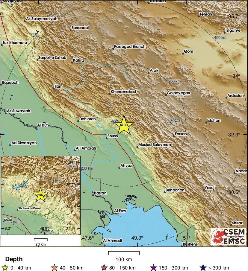 A magnitude 4.9 earthquake occurred 56 km northwest of Shushtar, Iran, early morning on July 19, 2026, according to the EMSC.