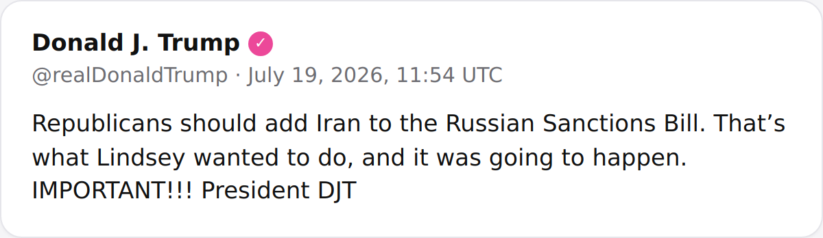 President Trump calls on Republicans to include Iran in the Russian sanctions legislation, citing Senator Lindsey Graham's earlier push.