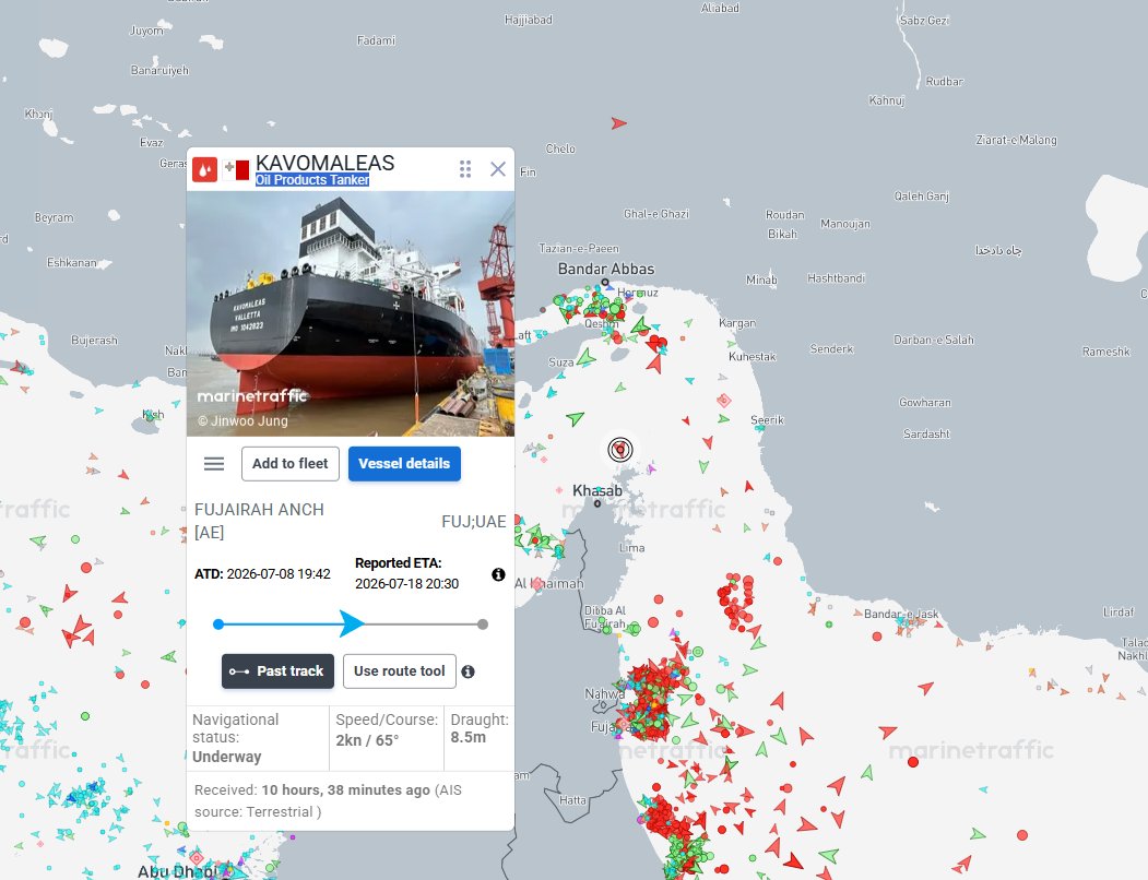 Maltese flagged Kavomaleas (IMO: 1042823) was struck in the Strait of Hormuz
C: 26.51847, 56.3836
S: https://telegram.dog/iliaen/4598
@GeoConfirmed @FaytuksNetwork