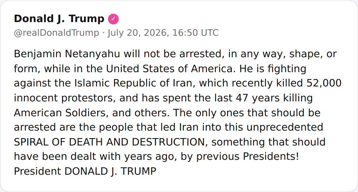 ترامب يعلن أن نتنياهو لن يُعتقل في الولايات المتحدة، ويلقي باللوم على إيران في الفوضى الإقليمية