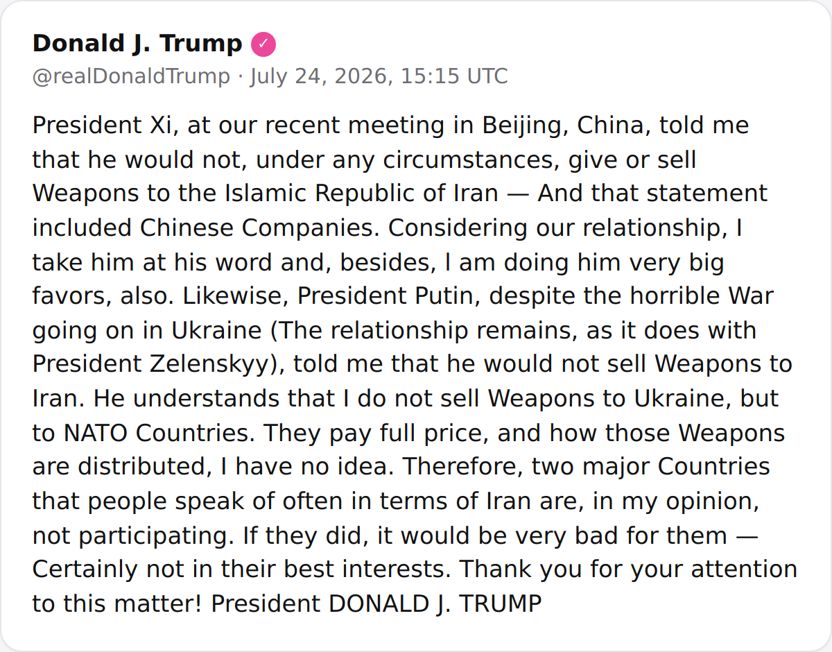 Trump: Xi and Putin Assured Me They Won't Sell Weapons to Iran