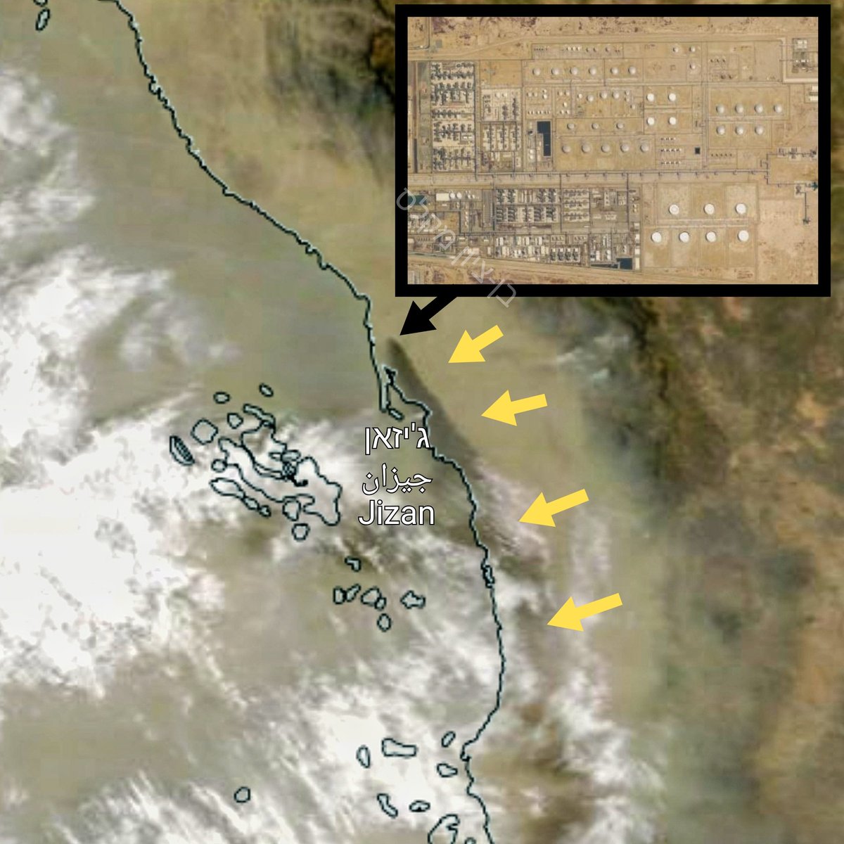 Heavy smoke is rising above the Jazan oil facility of Saudi Aramco, located north of the city of Jizan in southern Saudi Arabia.

The fire follows a Houthi attack on the facility last night.