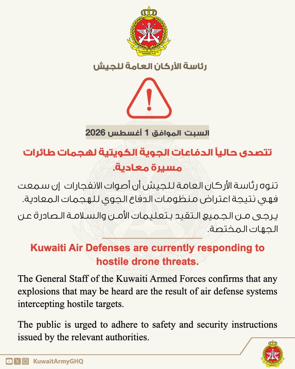 تتصدى حالياً الدفاعات الجوية الكويتية لهجمات طائرات مسيّرة معادية، إثر العدوان الإيراني الاثم.

تنوه رئاسة الأركان العامة للجيش بأن أصوات الانفجارات، إن سُمعت، فهي نتيجة اعتراض منظومات الدفاع الجوي للهجمات المعادية.

ويرجى من الجميع التقيد بتعليمات الأمن والسلامة الصادرة عن