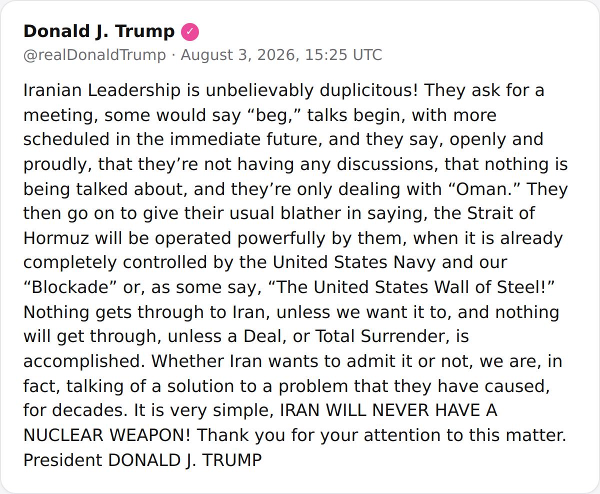 Trump Accuses Iran of 'Duplicity,' Asserts US Naval Blockade Controls Strait of Hormuz