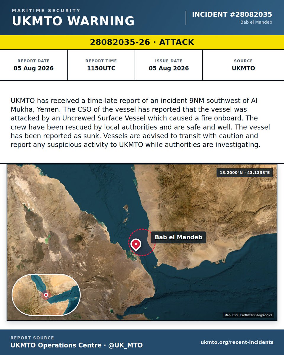 UKMTO Reports Incident 9NM Southwest of Al Mukha, Yemen
