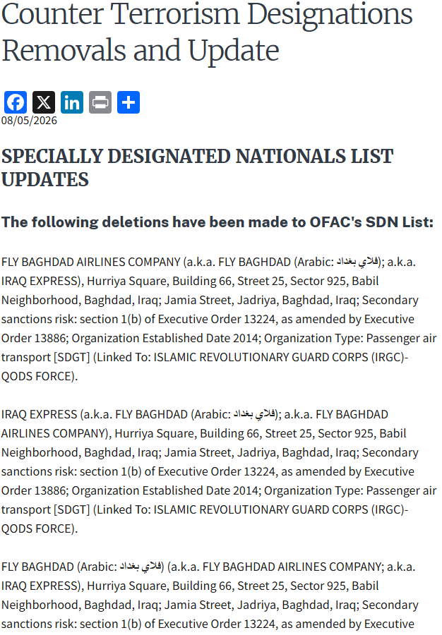 US Removes Fly Baghdad Airlines and Two Boeing 737s from SDN List, Not Three Entities as Reuters Reported