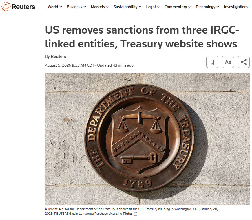 Reuters report of "US removes sanctions from three IRGC-linked entities" is quite inaccurate.
There is only one airline and two known aliases.
The only company out of OFAC's SDN list is the Iraqi FLY BAGHDAD AIRLINES COMPANY & two of its Boeing 737s (reg:YI-BAF, YI-BAN).