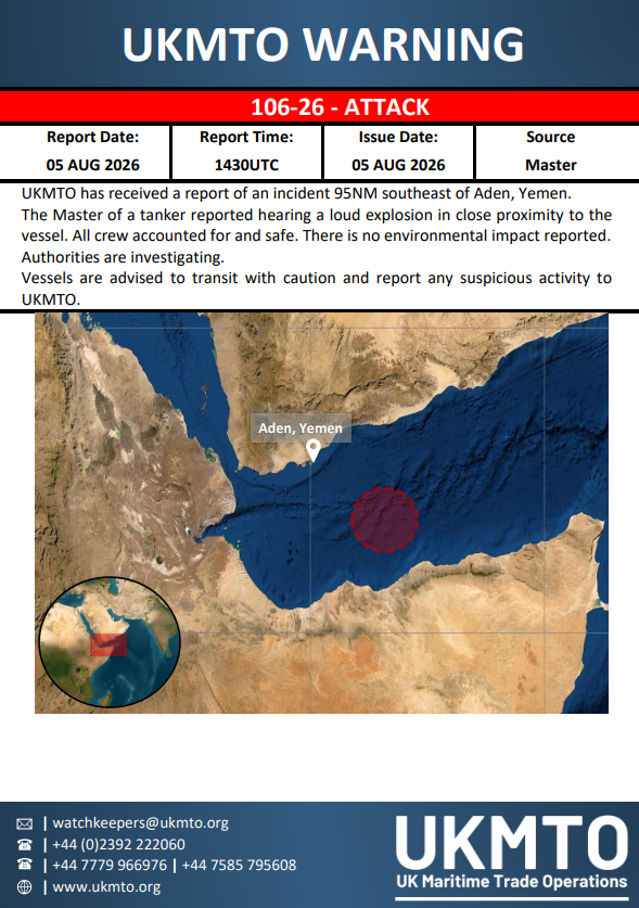 UKMTO Issues Warning 106-26 for Maritime Security